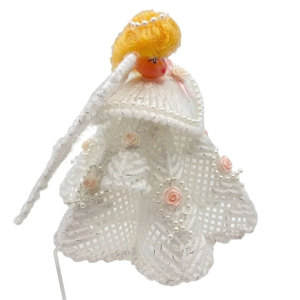 Vintage Handmade Christmas Angel White pink rosettes Blonde rubber face ornament